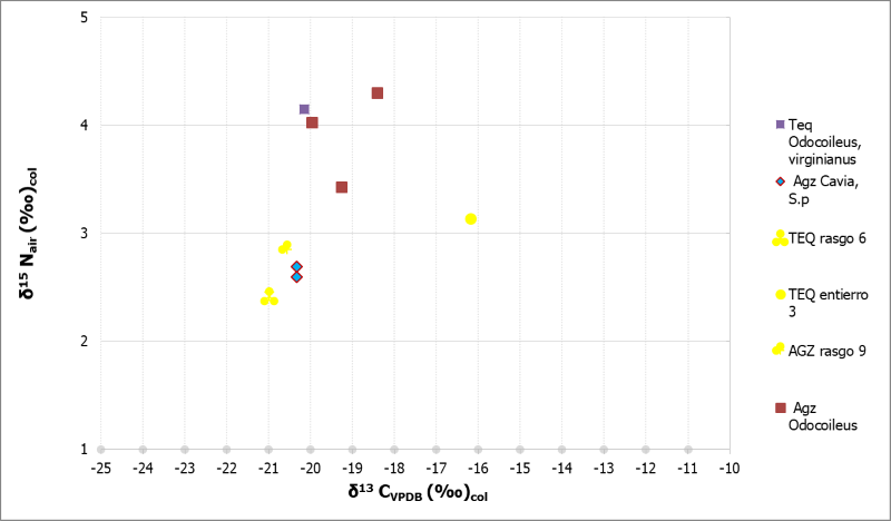 Relación δ15 Nair (‰) col / δ13 CVPDB (‰) col humanos (amarillo) y fauna (otros colores) de Aguazuque y Tequendama