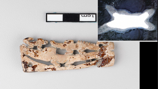 Colgante que representa varios individuos del orden Crocodilia. En la parte superior se puede observar la foto tomada con un Dinolite, usando el efecto de luz negativa, que permite ver las huellas más claramente