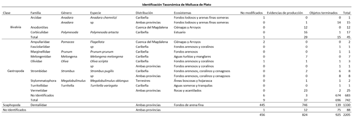 Especies identificadas en el Taller de Plato. Los objetos no identificados de la clase Gastropoda obedecen a una gran cantidad de cuentas circulares de muy pequeño tamaño (- 6mm), ya muy alteradas por el trabajo artesanal