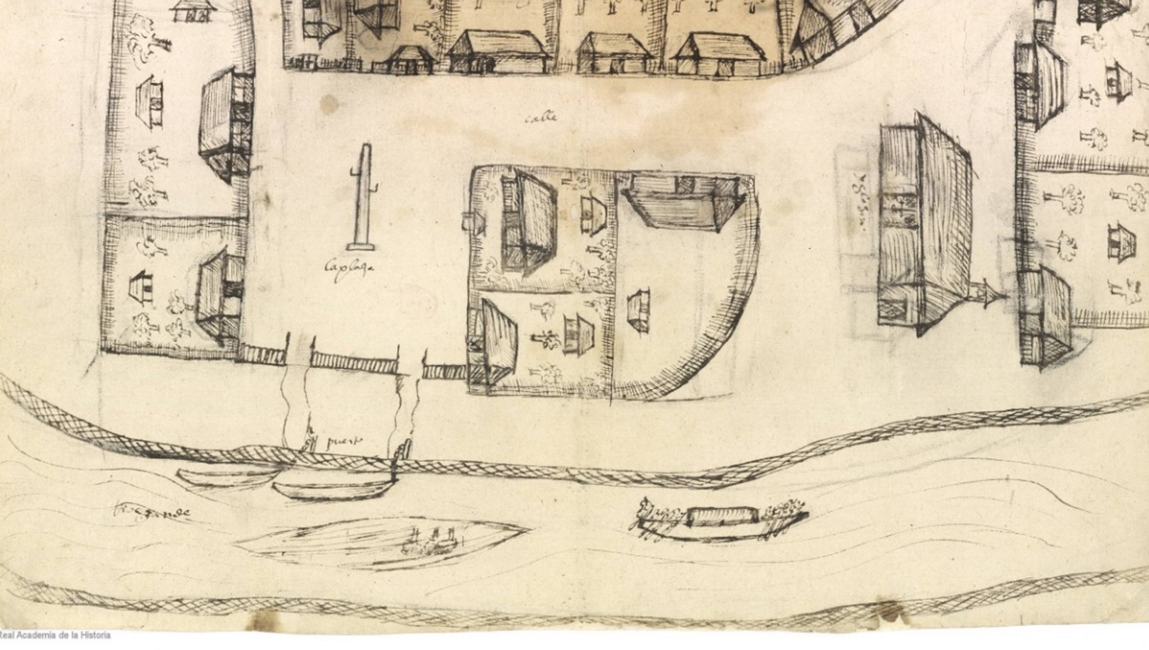 Puerto y canoas. Detalle del plano de la Villa de Tenerife (1580).