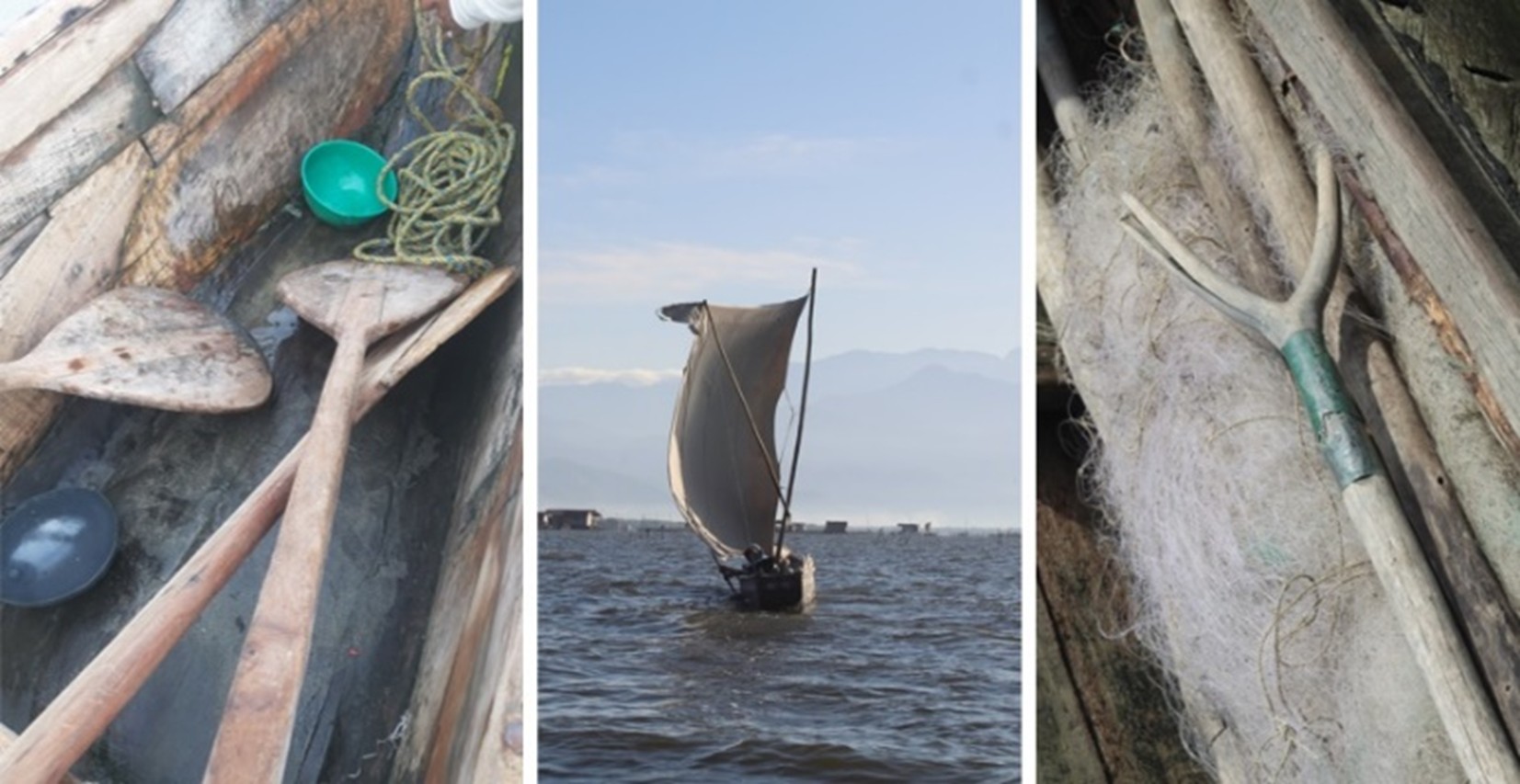 Sistemas de propulsión registrados durante la navegación en la Ciénaga Grande de Santa Marta. Canaletes (Izq.) Vela (Ctral.) y pértiga horquilla (dcha.)