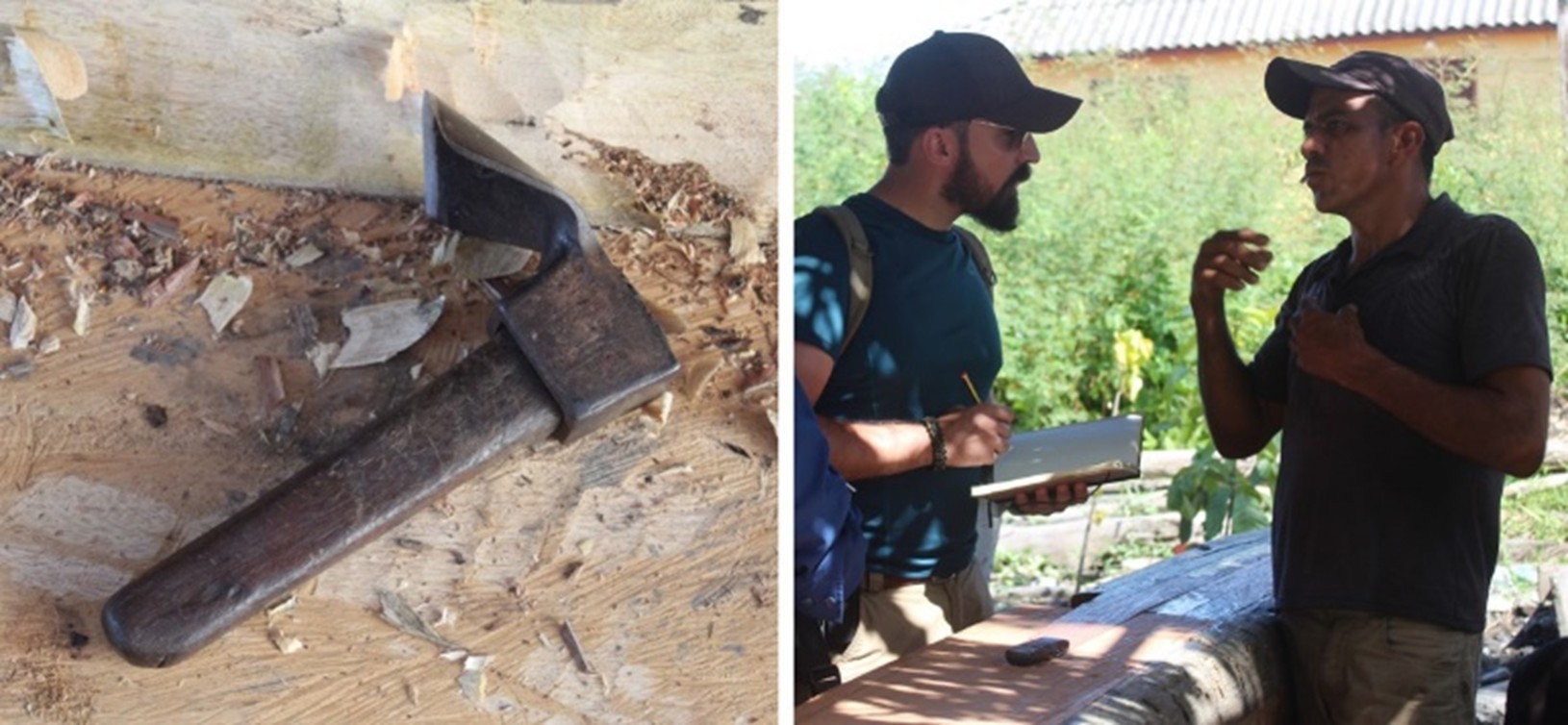 Azuela sobre canoa de tablas y entrevista al carpintero Daniel Cervantes en un astillero palafítico de la Ciénaga Grande de Santa Marta (Colombia).