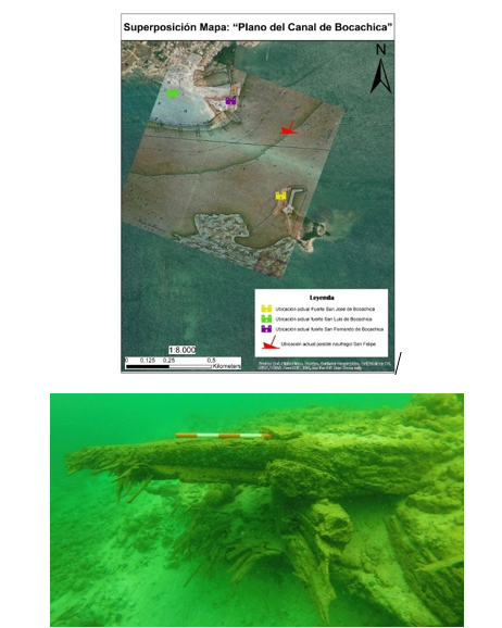 Superposición de cartografía histórica del canal de Bocachica y elementos estructurales del posible naufragio San Felipe identificados durante las labores de dragado