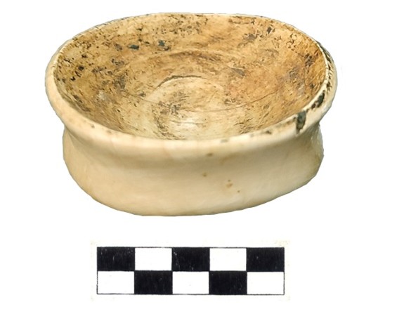 Recipiente elaborado en concha marina para contener asfalto, cementerio Boulevard de Quíbor,  estado Lara, Venezuela. Colección Museo Antropológico de Quíbor Francisco Tamayo Yépez.