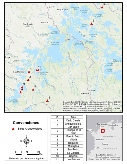 Localización de los sitios arqueológicos con registros arqueobotánicos y zooarqueológicos de la Depresión Momposina, Colombia